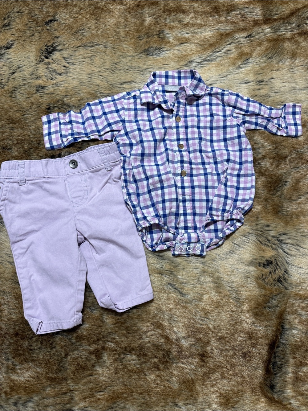 Baby Plaid Button-Front Onesie & Lilac Pants Set - Pink/Blue